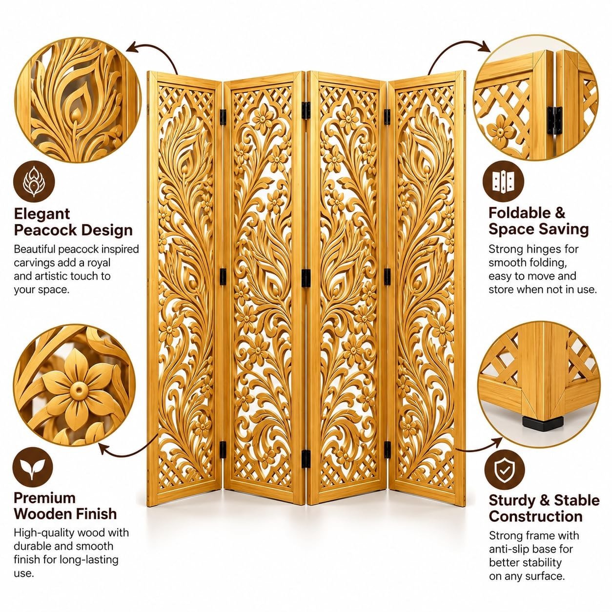 Handcrafted Wooden Room Divider Feather Design Foldable Privacy Screen, Carved Decorative Partition for Living Room, Bedroom, Office, Home Décor, Brown Finish, (72 x 80 Inch ) view 4