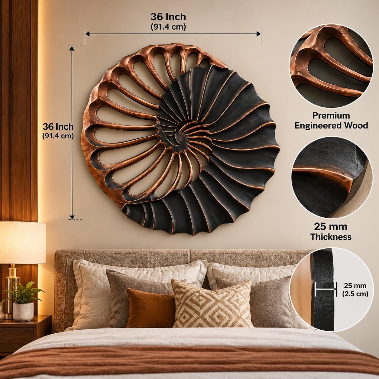 THE WOODEN SHOPPEE Wooden Wall Decor, Mandala Wall Panel Spiral Art for Living Room,italian Look Bedroom & Guest Room, Premium Engineered Wood, 25mm Thick, ( 90X90Cm) view 3