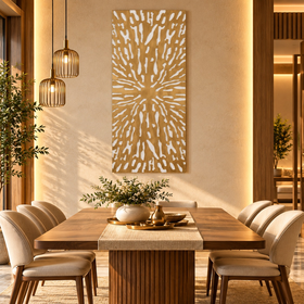 Wooden Abstract Carved Starburst Gold Wall Decor with White Backing