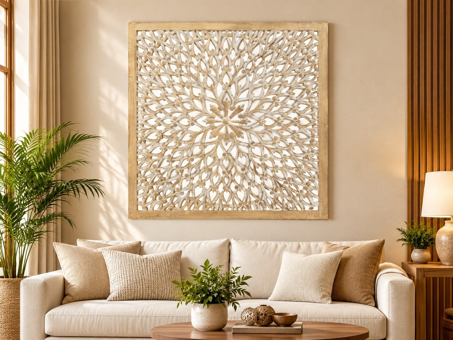 Fina Light Brown Wood Floral Handmade Intricately Carved Home Wall Decor with Mandala Design