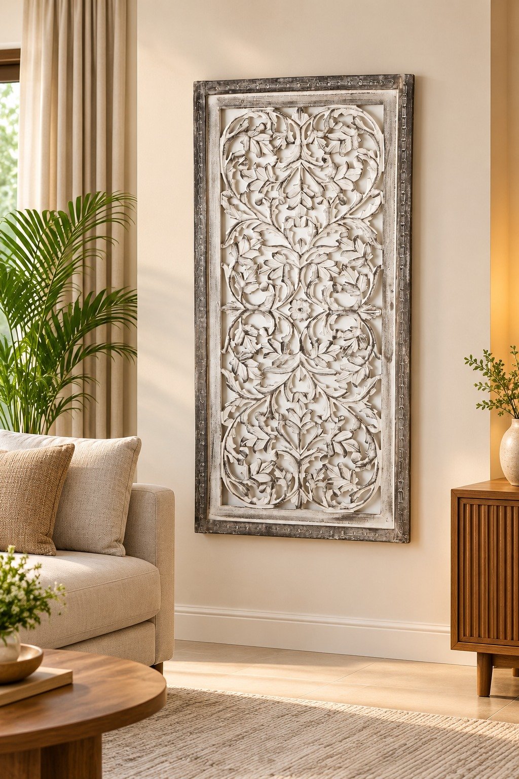 Mango Wood Handmade Intricately Carved Arabesque Floral Home Wall Decor