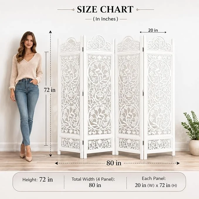 THE WOODEN SHOPPEE White Wooden Room Divider & Partition Screen | 6 Feet Tall 2-Panel Privacy Screen | Handcrafted Mangowood & MDF Room Divider for Living Room, Bedroom & Home Decor view 2
