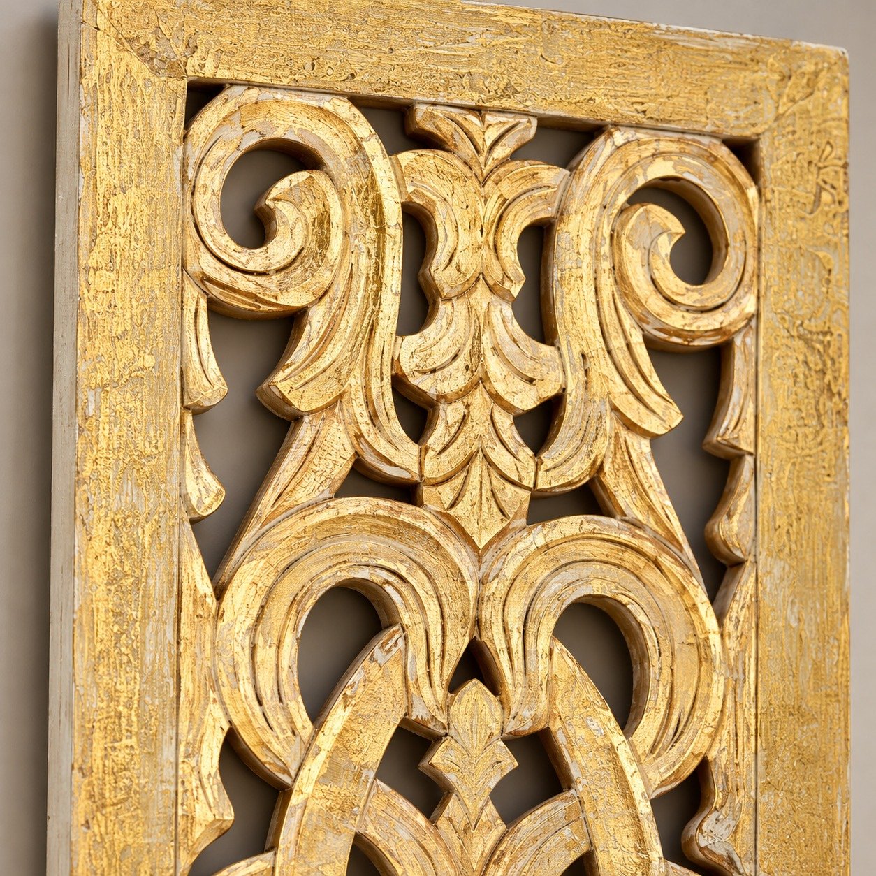 Wooden Handmade Intricately Carved Arabesque Scroll Gold Wall Decor with Cream Backing view 3