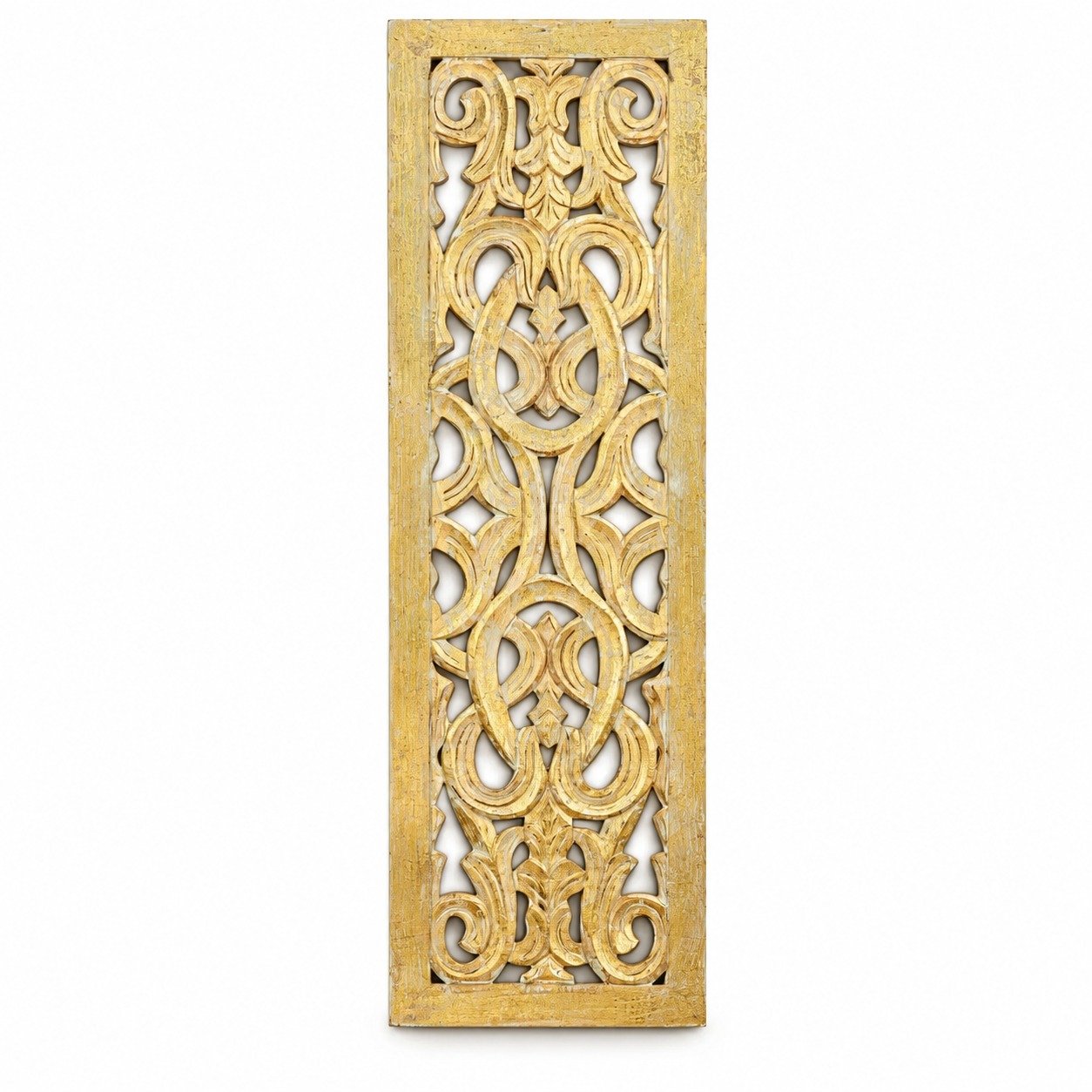 Wooden Handmade Intricately Carved Arabesque Scroll Gold Wall Decor with Cream Backing view 5