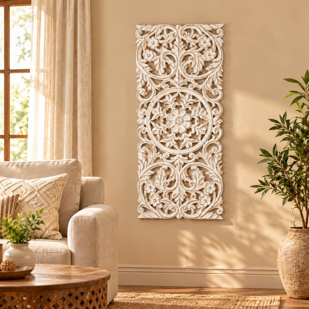 Wall Medallion - Wooden Wall Decor, Hand Carved & Embossed Decorative Wall Sculpture, Boho Farmhouse Wall Art, Perfect for Home, Office or any Living Space