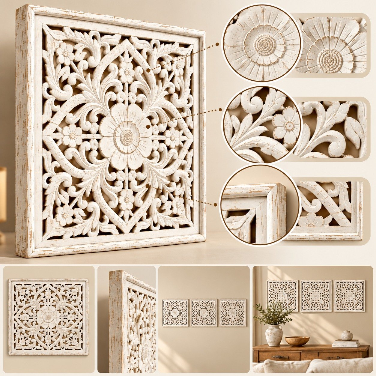 Handcrafted Wooden Wall Art Set of 3 | Floral Carved Decorative Wall Panels | White Finish | Home Wall Décor for Living Room & Bedroom view 3