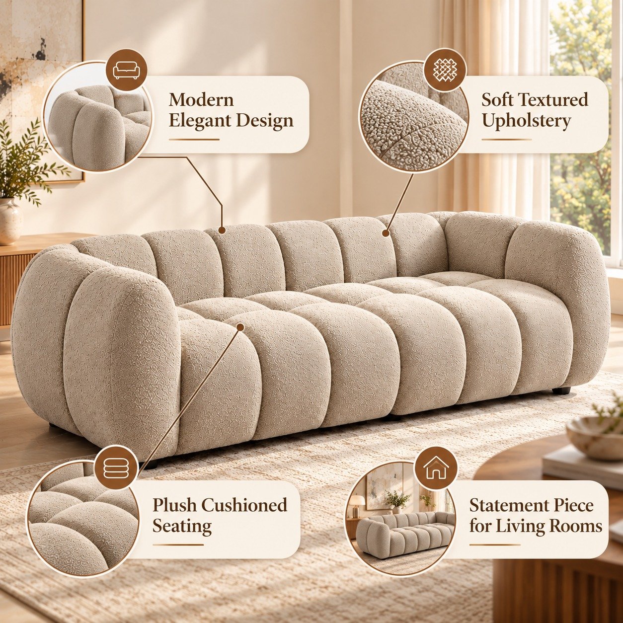 Modern Bouclé Bubble Sofa with Tufted Channel Design | Aesthetic Cloud Couch 3-Seater for Living Room & Studio (Beige / Off-White) view 2