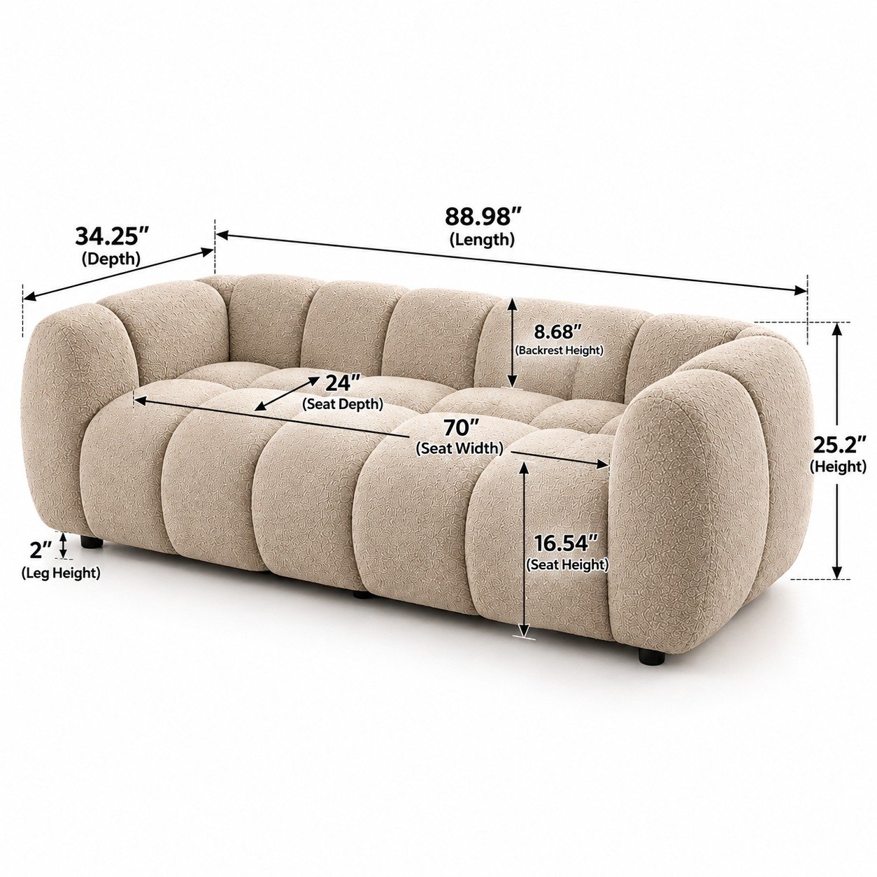 Modern Bouclé Bubble Sofa with Tufted Channel Design | Aesthetic Cloud Couch 3-Seater for Living Room & Studio (Beige / Off-White) view 3