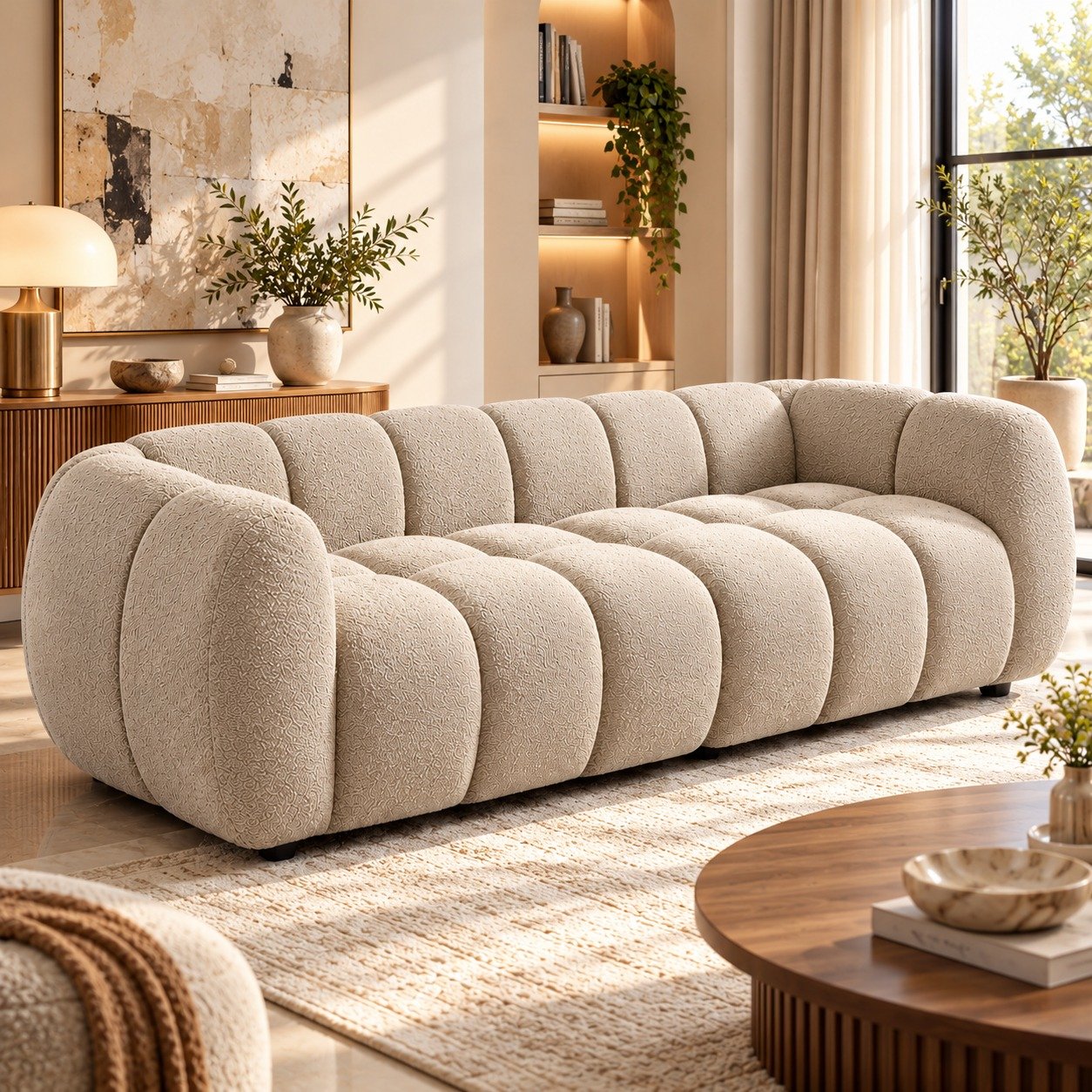 Modern Bouclé Bubble Sofa with Tufted Channel Design | Aesthetic Cloud Couch 3-Seater for Living Room & Studio (Beige / Off-White) view 5
