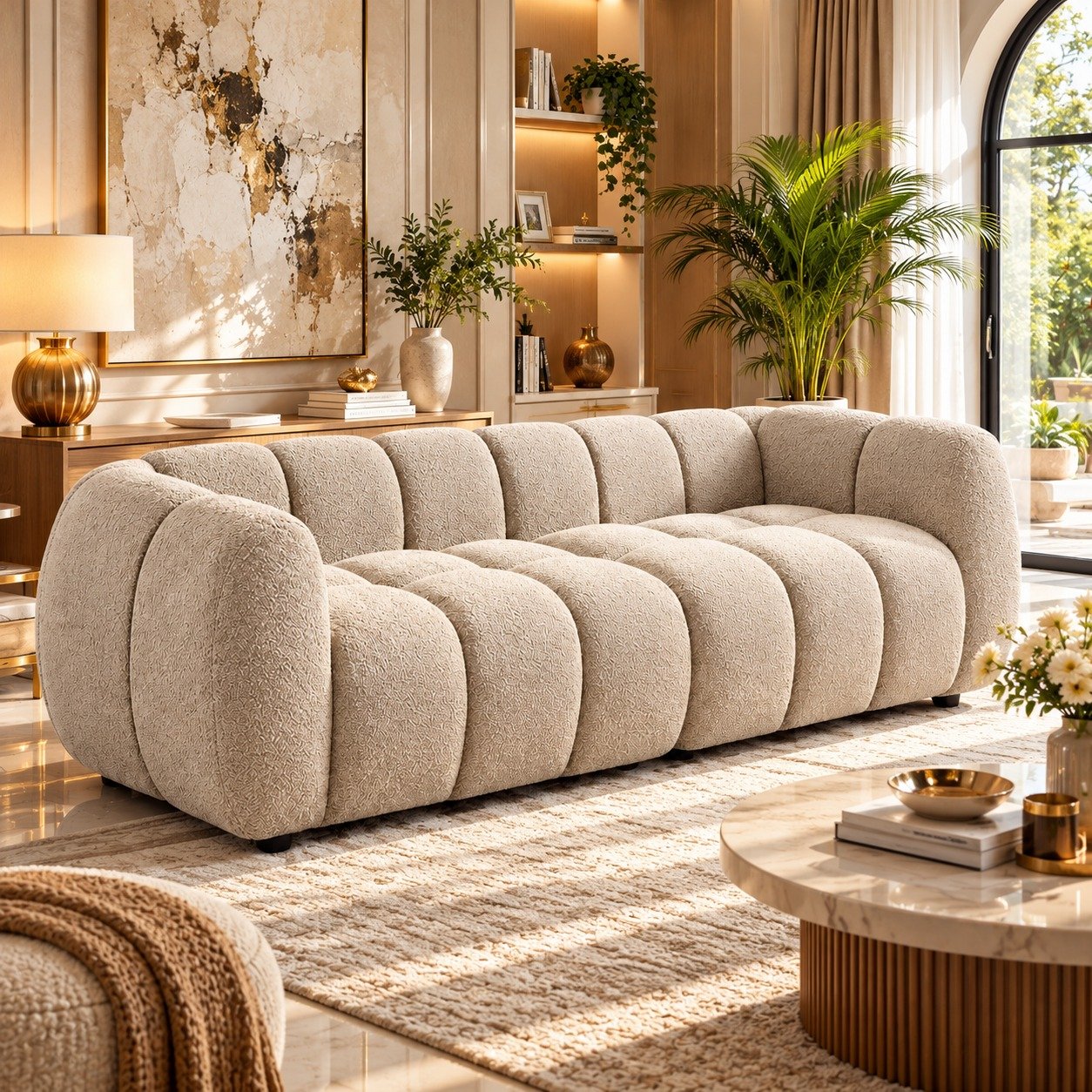 Modern Bouclé Bubble Sofa with Tufted Channel Design | Aesthetic Cloud Couch 3-Seater for Living Room & Studio (Beige / Off-White) view 9